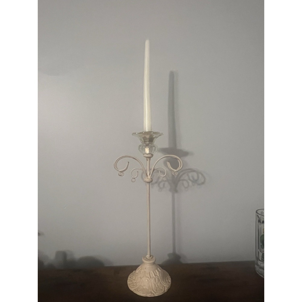 Cream Metal Candlestick Holder w Glass Bobeche French Country Shabby‎ Chic